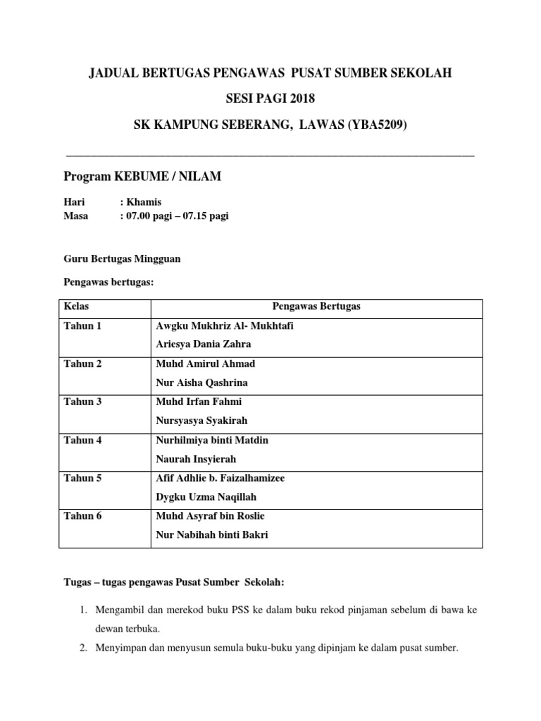Jadual Bertugas Pengawas Pusat Sumber Sekolah 2018 Kebume Nilam Pdf