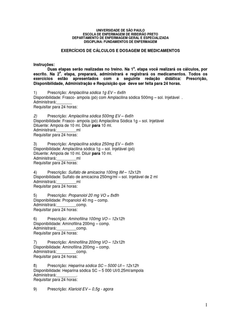 Exercícios Cálculo e Dosagem de Medicamentos 2017 | PDF | Organização ...