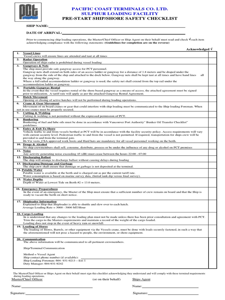Ship/Shore Safety Checklist for Loading | PDF | Ships | Fuel Oil