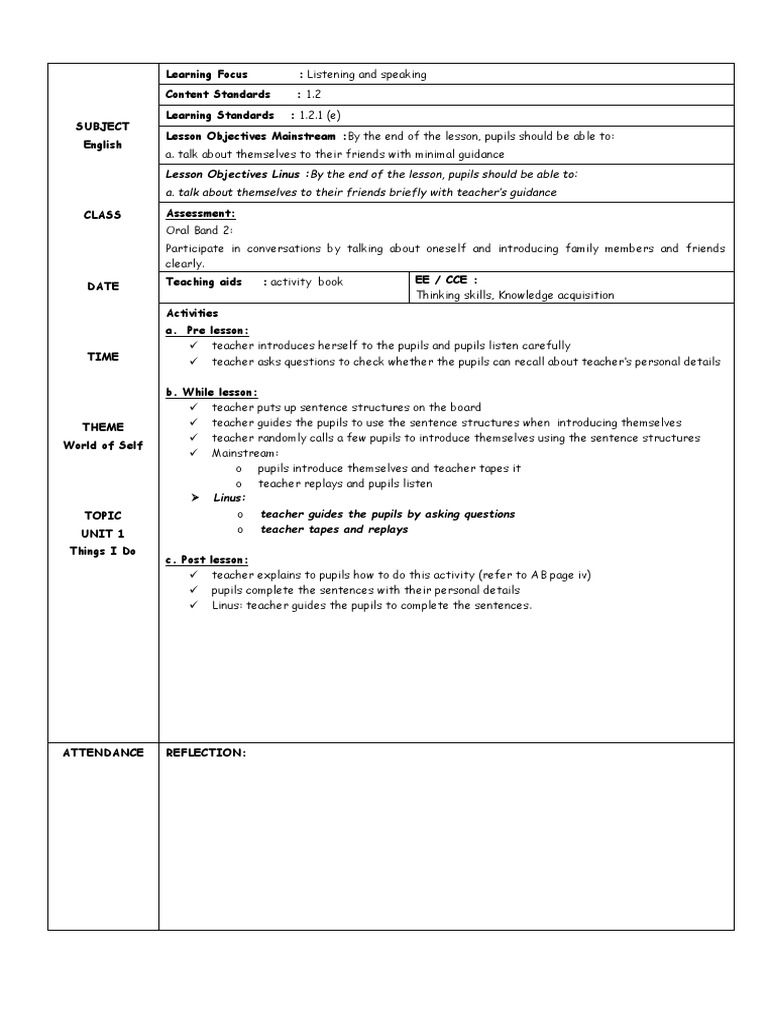 Self-Introduction Lesson Plan | PDF