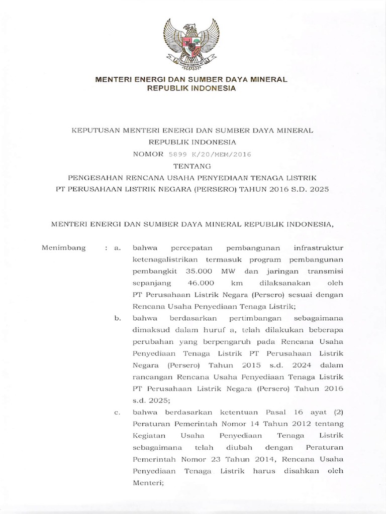 Kepmen 5899 Tahun 2016 (35.000 MW) Pengesahan RUPTL PLN 2016-2025 PDF ...