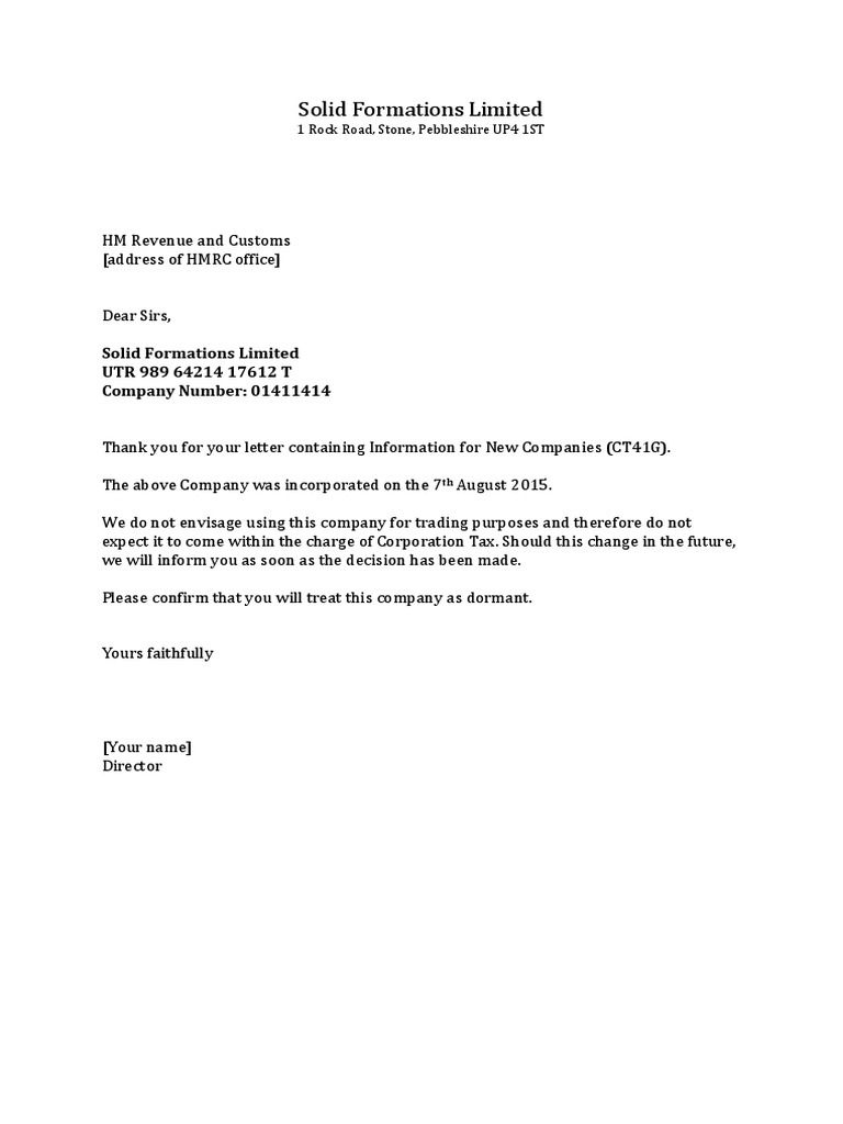 Letter Informing HMRC A New Company Will Be Dormant PDF