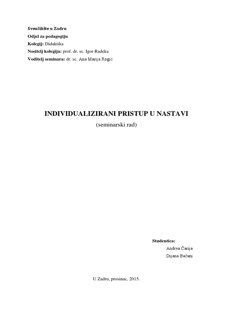 Individualizirani Pristup U Nastavi | PDF