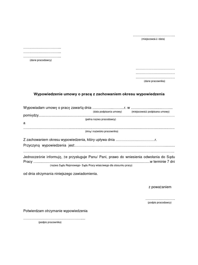 Wypowiedzenie Umowy o Pracę - Wzór