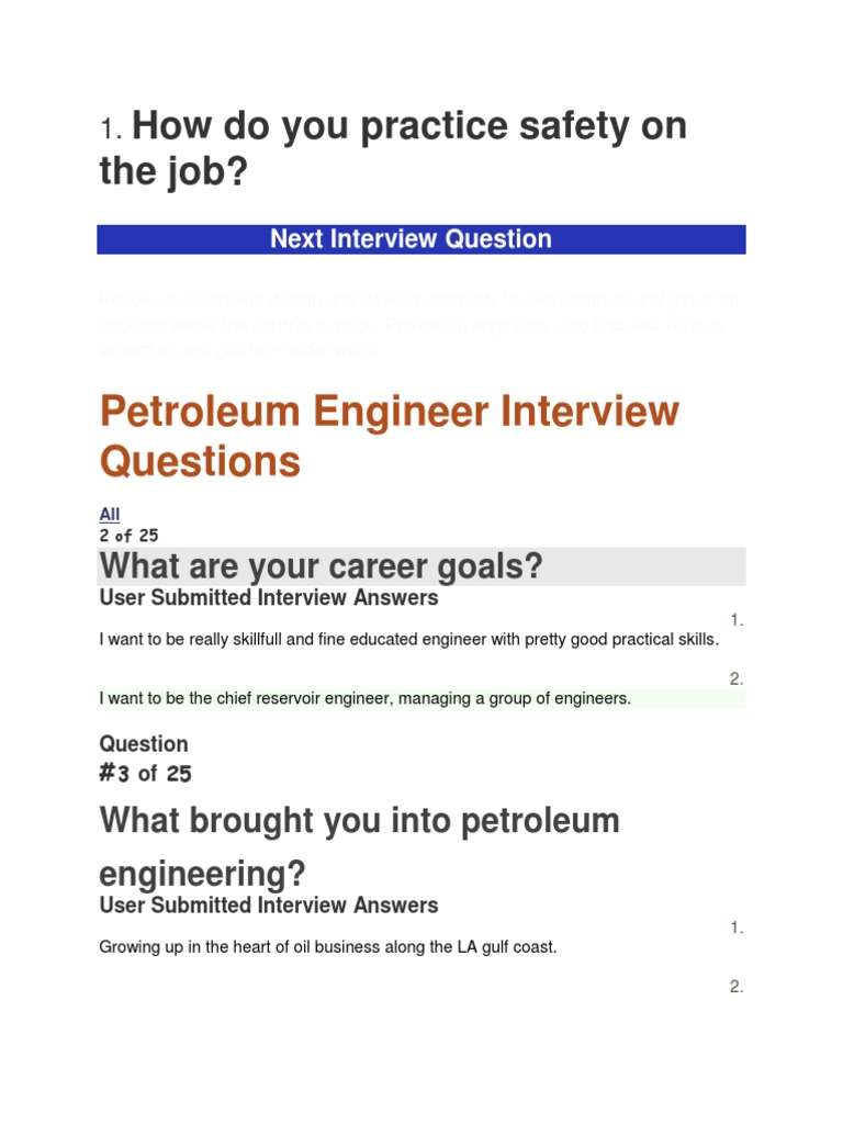 Petroleum Engineer Interview Questions How Do You Practice Safety On The Job? PDF Petroleum
