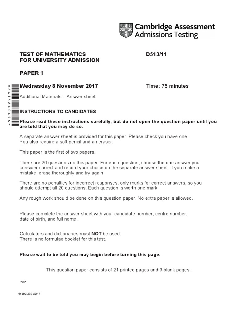 TMUA 2017 Paper 1 Instructions | PDF