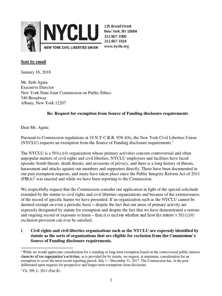 2018.01.16 NYCLU Request For Exemption | PDF | 501(C) Organization ...