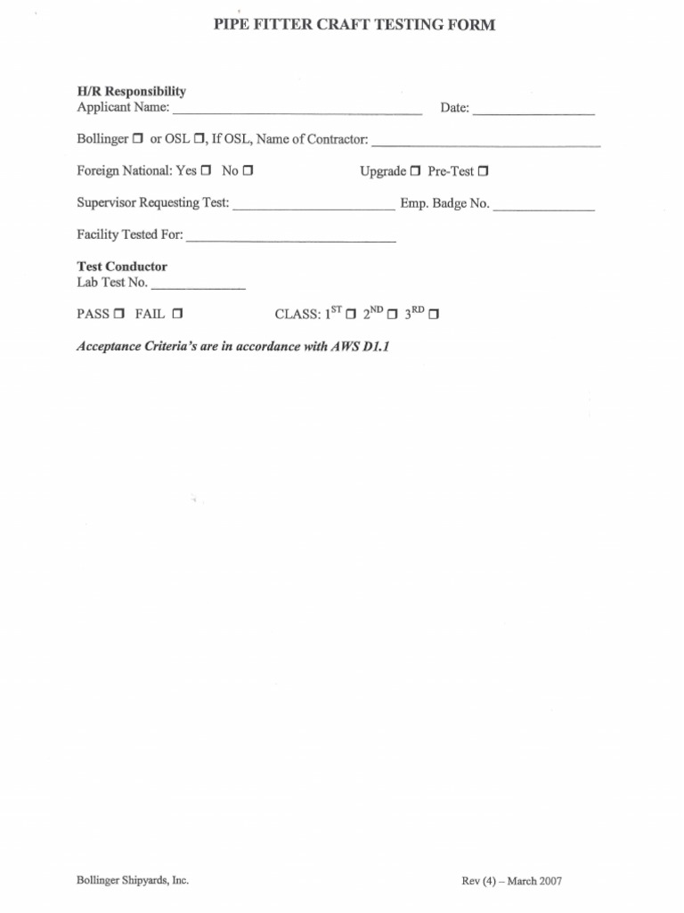 Pipe Fitter Craft Testing Form | PDF
