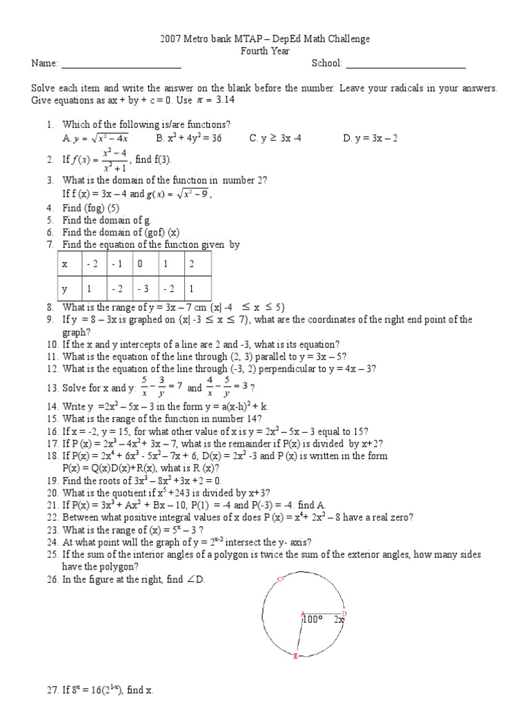 2007 Metro Bank MTAP Math IV | PDF | Sine | Trigonometric Functions