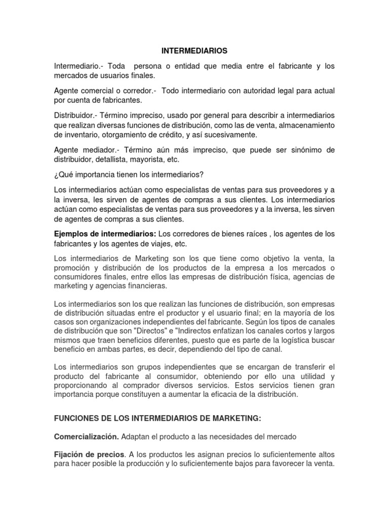 Funciones y Ejemplos de Intermediarios | PDF | Distribución (comercial ...