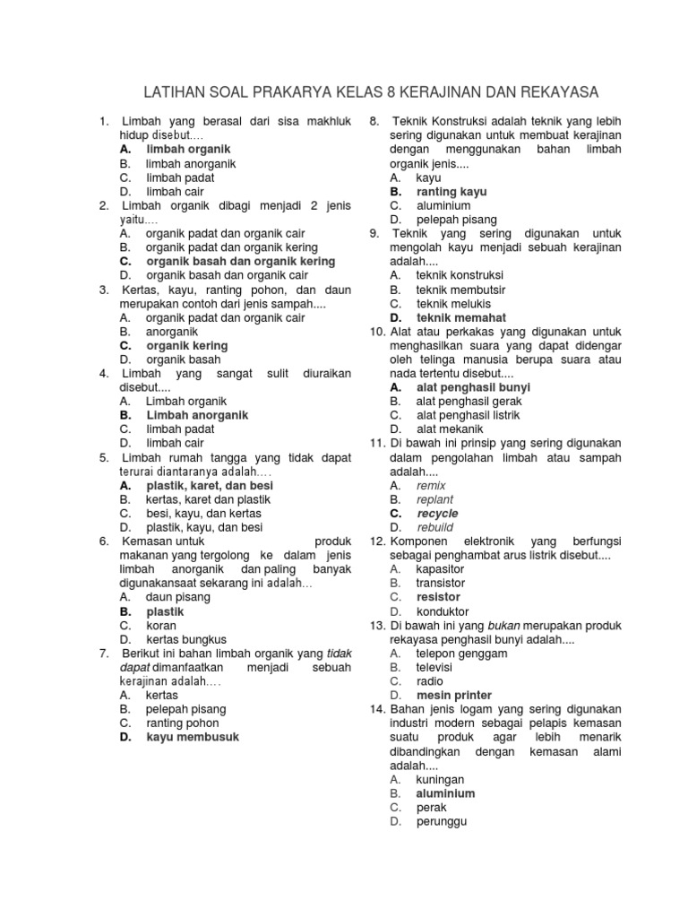  LATIHAN  SOAL  PRAKARYA KELAS 8 KERAJINAN  DAN REKAYASA docx