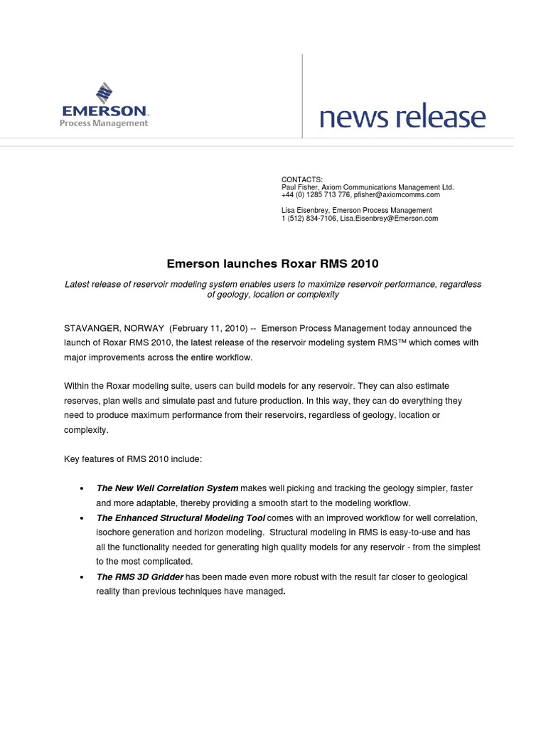 Roxar Rms 2010 Press Release en 81802 | PDF | Simulation | Automation