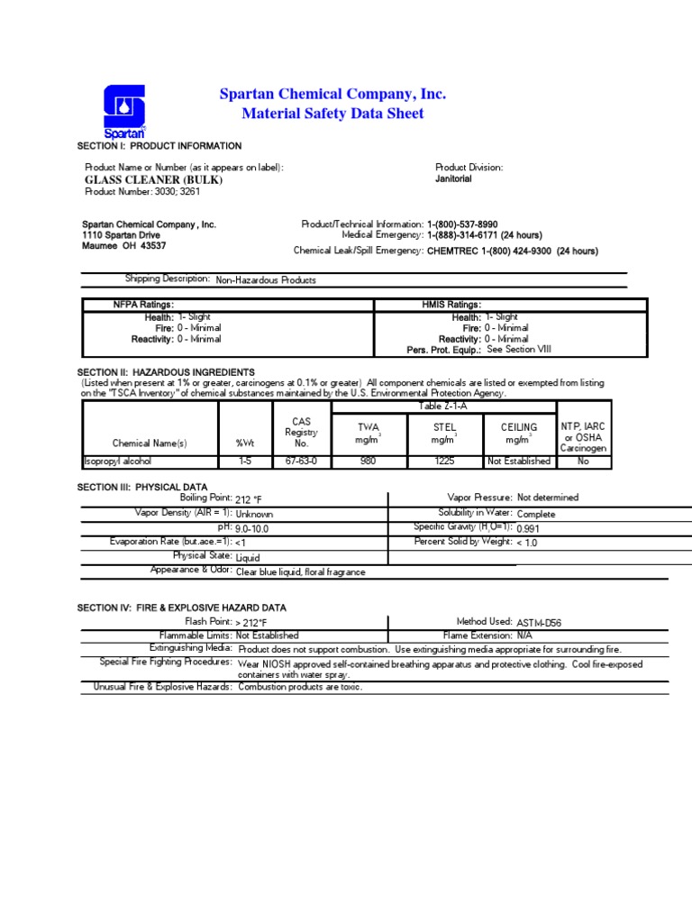 Spartan Chemical Company, Inc. Material Safety Data Sheet Glass