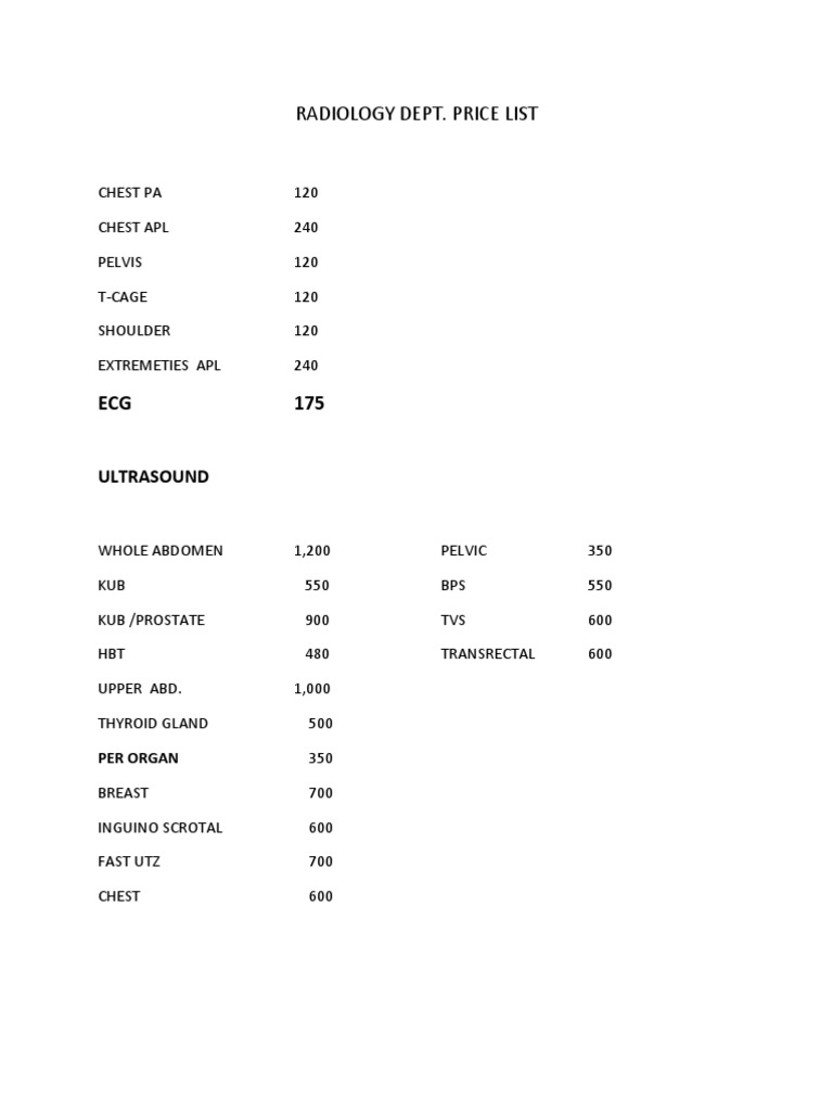 Radiology Dept. Price List Ultrasound PDF