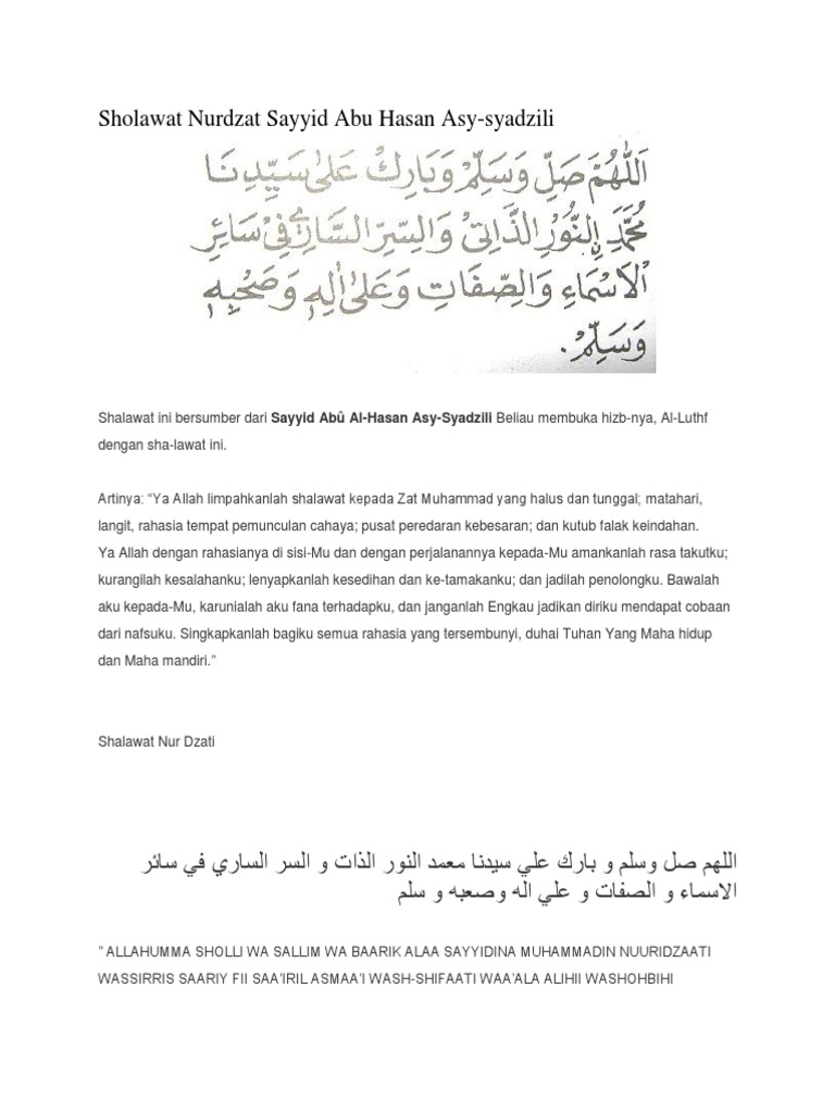 Sholawat Nurdzat Sayyid Abu Hasan Asy