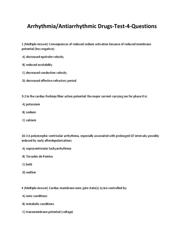 Antiarrhythmic DrugsTest4Questions PDF Action Potential Membrane Potential