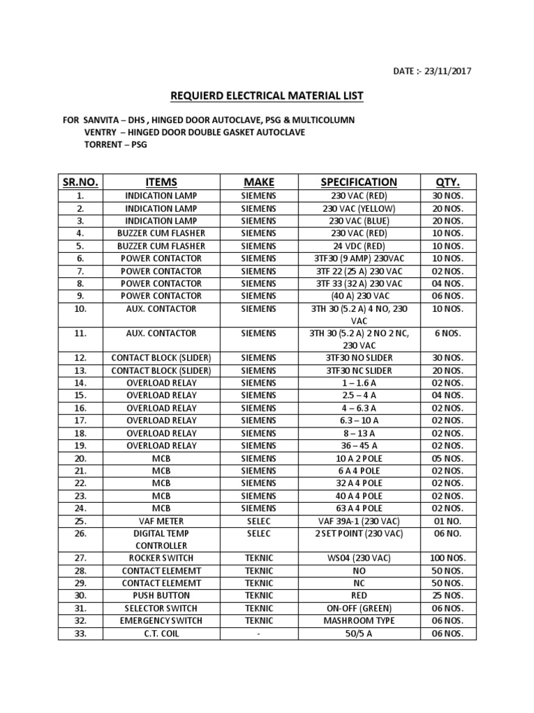Electrical Material List PDF Relay Switch