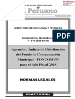 Aprueban Índices de Distribución Del Fondo de Compensación Municipal - FONCOMUN para El Año Fiscal 2018