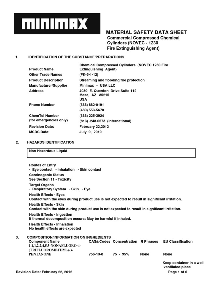 MSDS Novec - 1230 | PDF | Toxicity | Safety