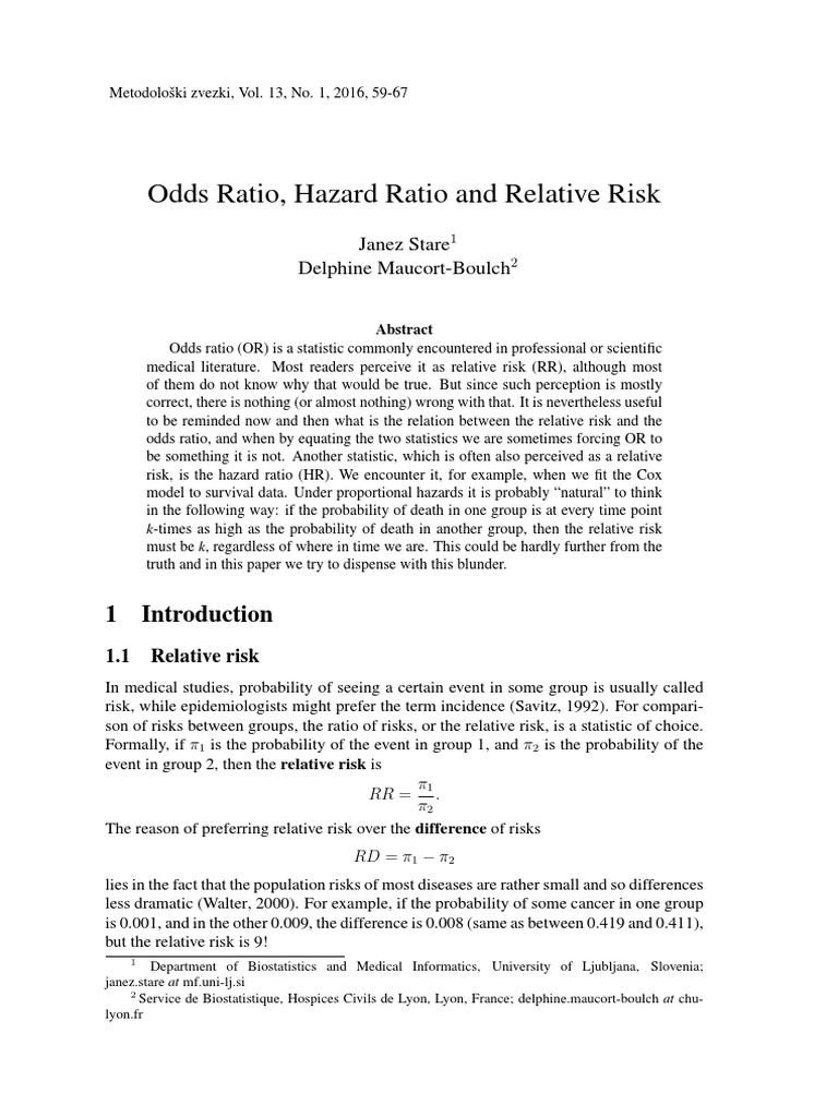 Odds Ratio, Hazard Ratio and Relative Risk: Janez Stare Delphine ...