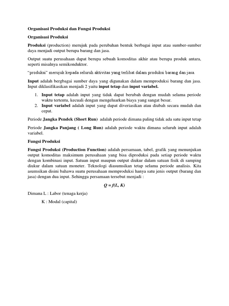 Organisasi Produksi Dan Fungsi Produksi Ekonomi Manajerial