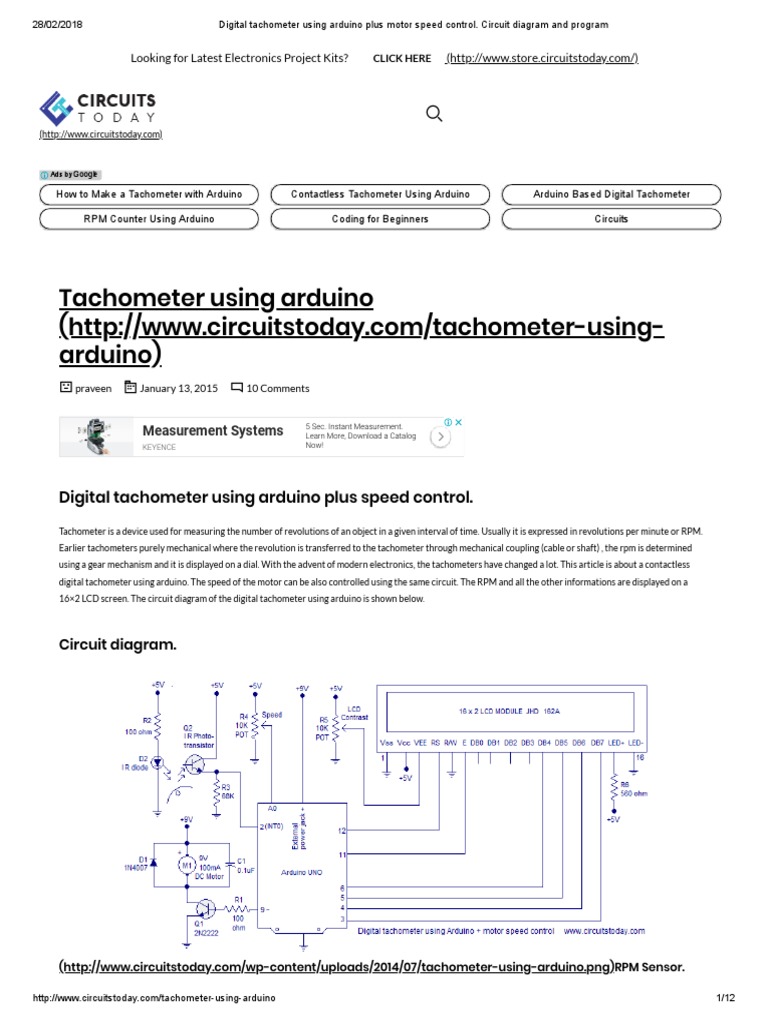 Digital Tachometer Using Arduino Plus Motor Speed Control. Circuit