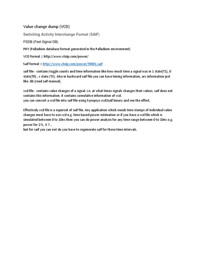 Value change dump vcd switching activity interchange format saif