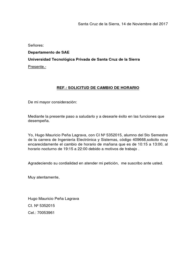 Carta de Solicitud de Cambio de Horario