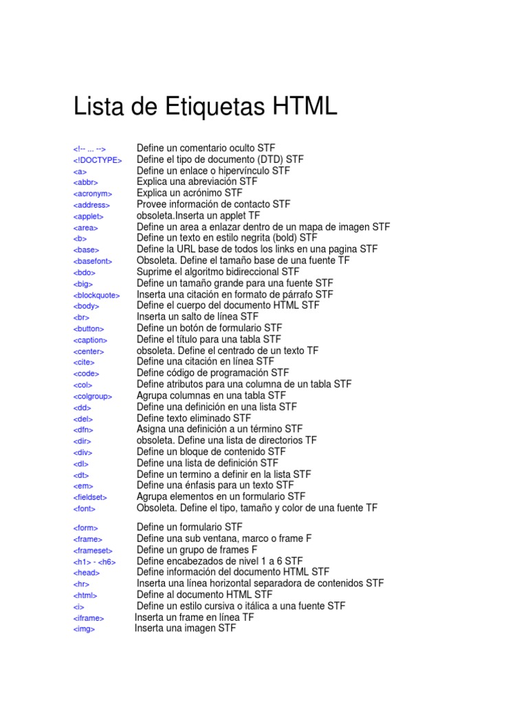 Lista de Etiquetas HTML PDF HTML Hipervínculo