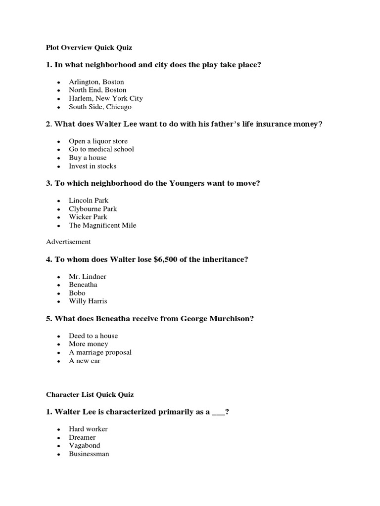 A Raisin in The Sun Questions PDF