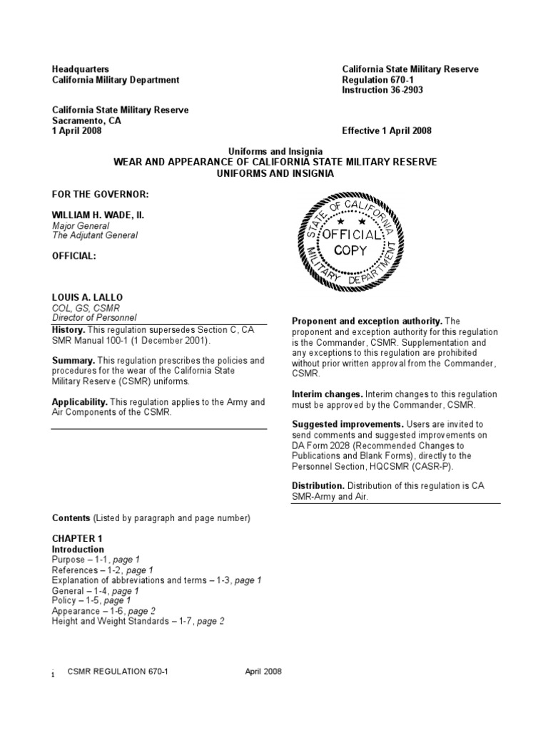 California State Military Reserve (CA SMR Uniform Regulation 6701 2008