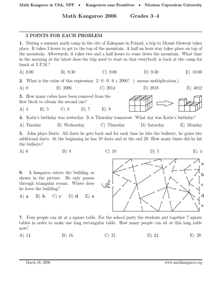Math Kangaroo 2006 Grades 34 PDF Teaching Mathematics Leisure