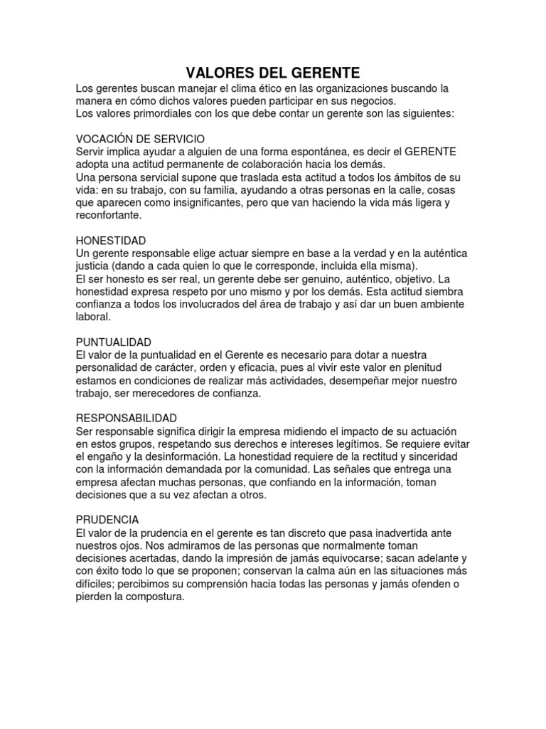 Valores Del Gerente | PDF | Moralidad | Comportamiento