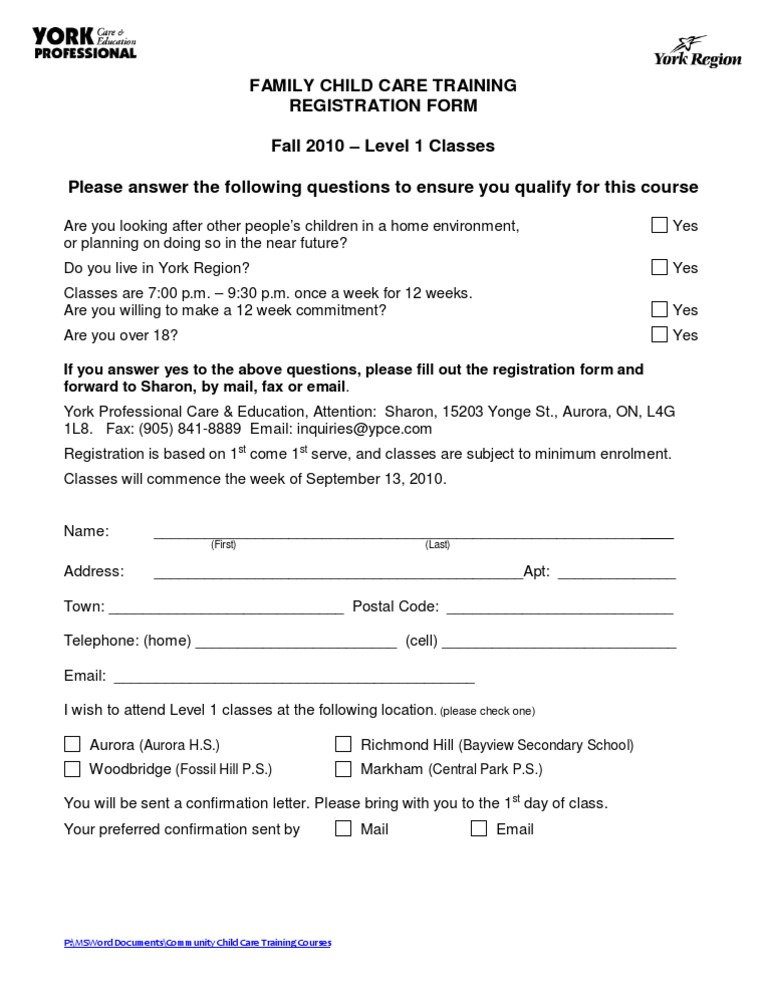 Fam Child Care Reg Form Fall 2010 | PDF