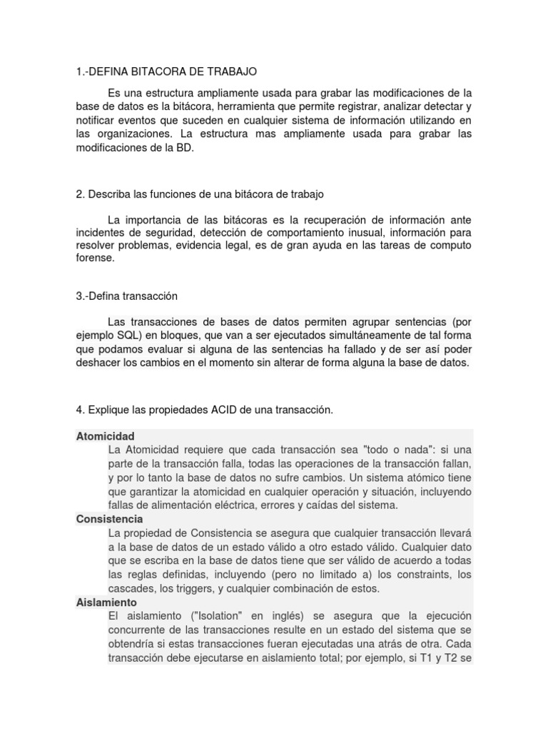 Funciones y Propiedades de Bitácoras en BD | PDF | SQL | Bases de datos