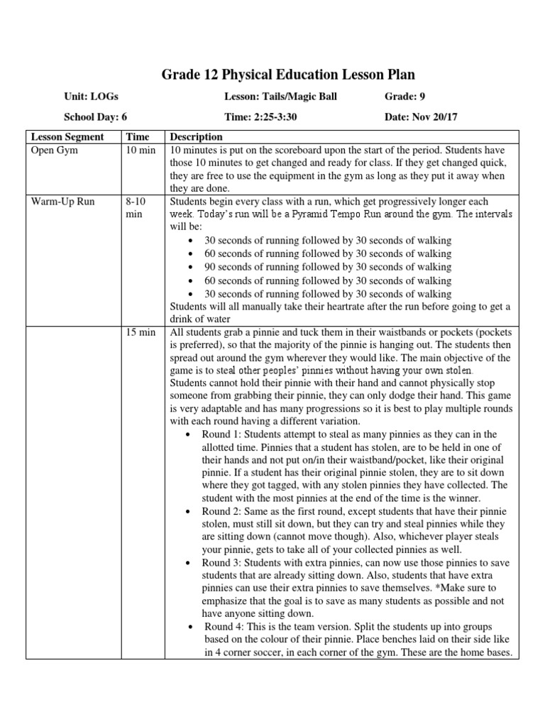 Grade 9 PE Lesson: Tails & Magic Ball Activities | PDF | Sports | Leisure