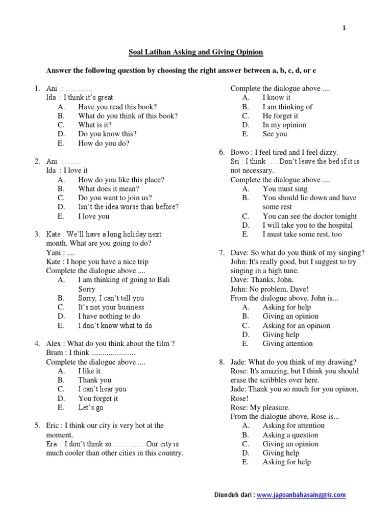 Soal Latihan Bahasa Inggris Asking And Giving Opinion Pdf
