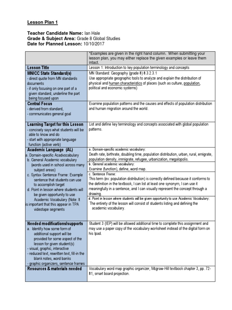 Lesson Plan 1 Teacher Candidate Name: Grade & Subject Area: Date For ...
