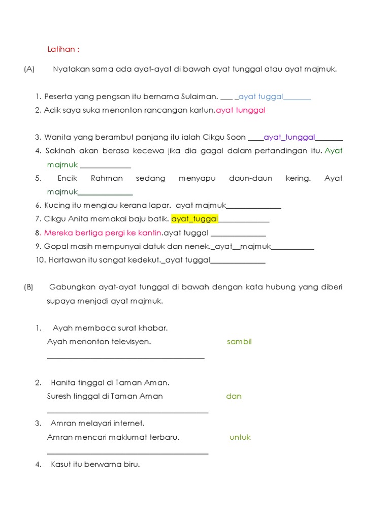 Latihan Ayat Tunggal Dan Ayat Majmuk Pdf