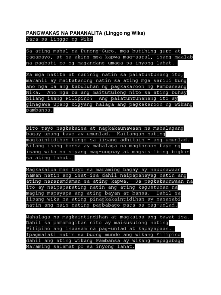 Pangwakas Na Pananalita Pdf