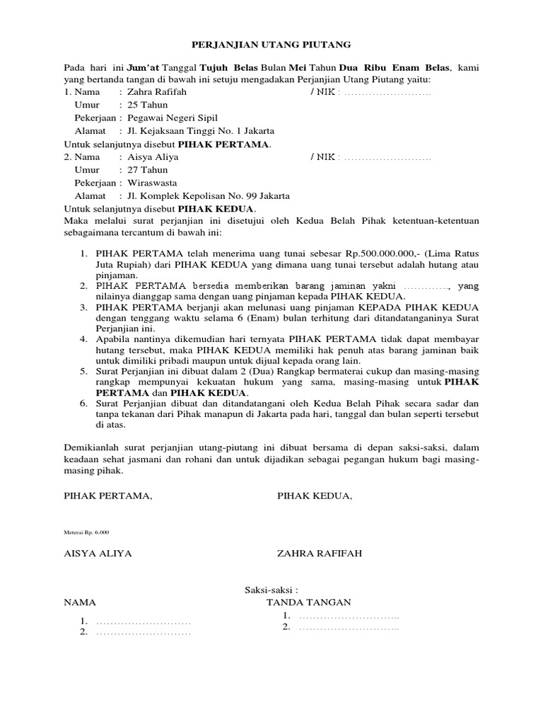 PERJANJIAN UTANG PIUTANG