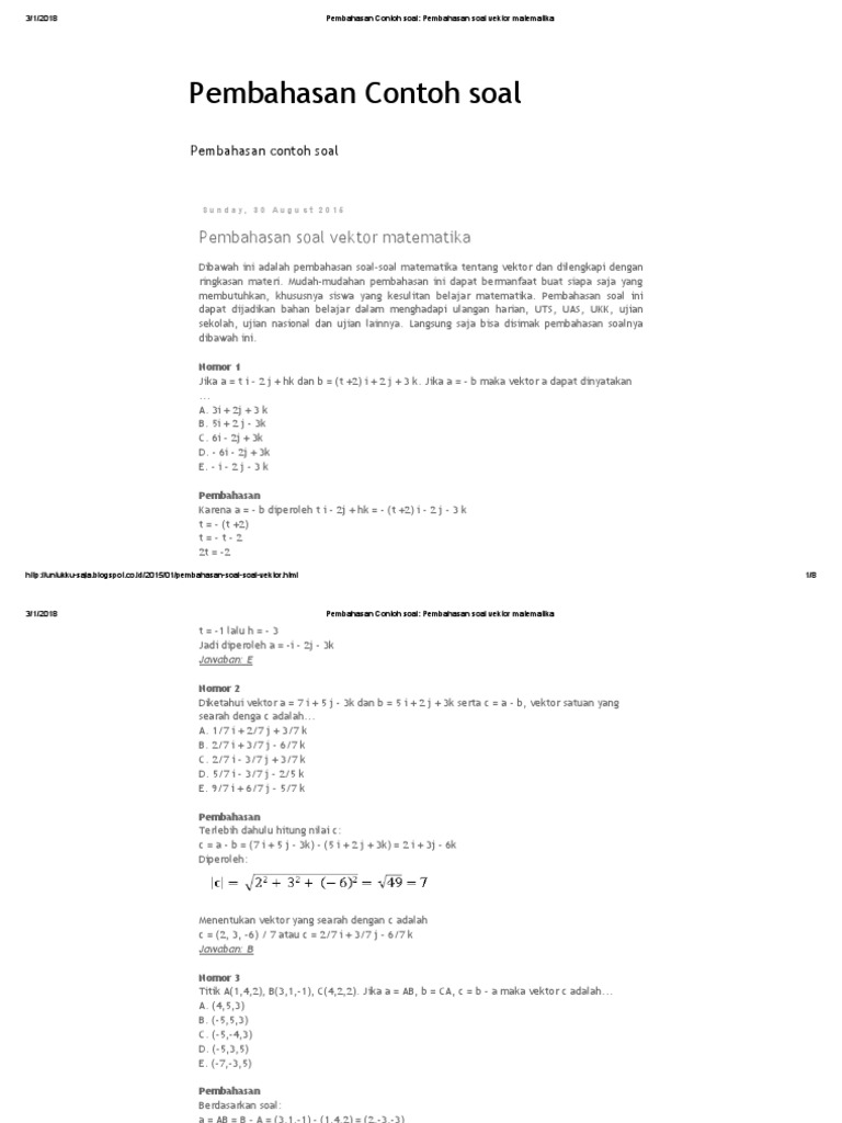 Contoh Soal Vektor Matematika Dan Pembahasannya Pdf Ilmu