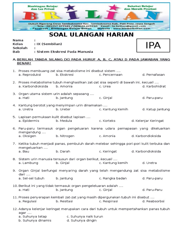 Soal Ekskresi Ipa Ktsp Semester 1 Smp Kls 9