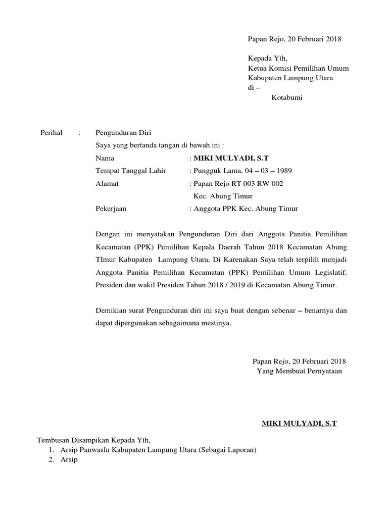 Surat Pengunduran Diri Ppk