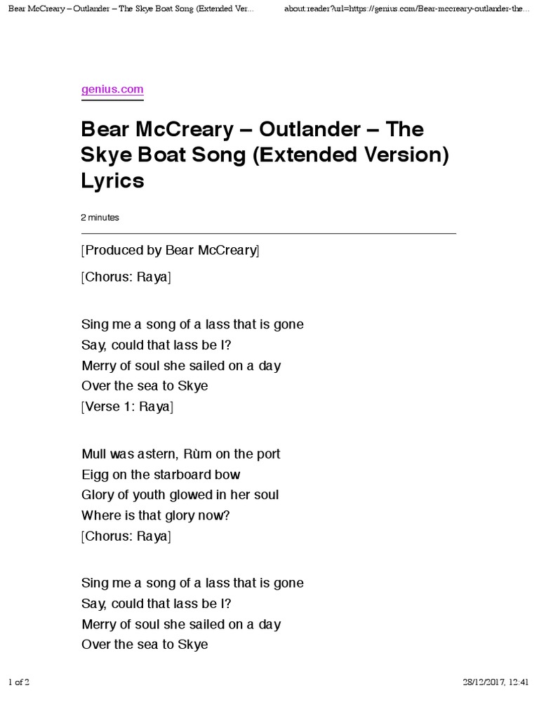 Bear McCreary Outlander the Skye Boat Song (Extended Version) Lyrics