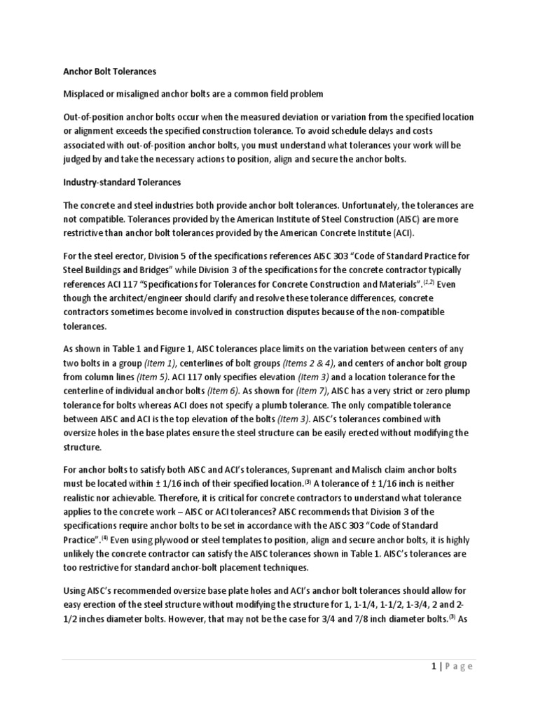 Anchor Bolt Tolerances PDF Structural Steel Engineering Tolerance