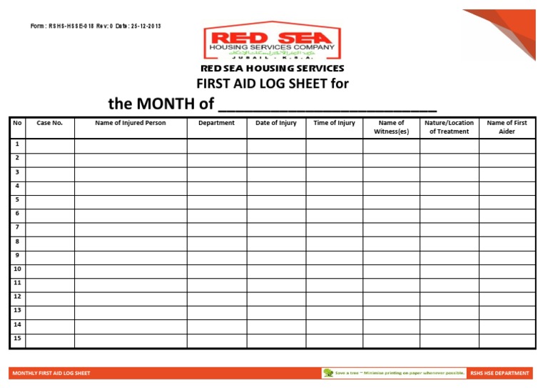 Monthly First Aid Log Sheet Blank | PDF