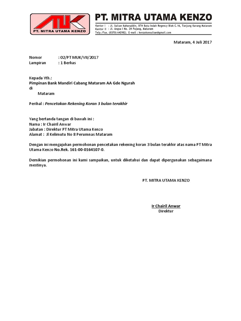 Surat Permohonan Rekening Koran Docx