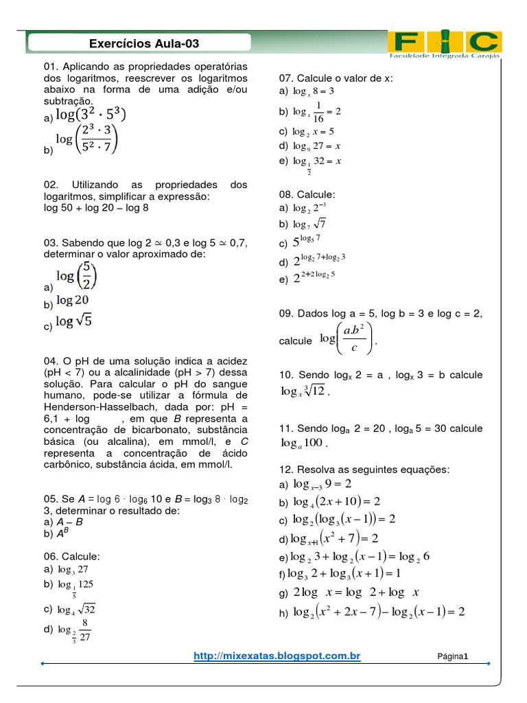 3 Lista de Exercícios-Matemática (Função Logarítmica) | PDF | Ph ...