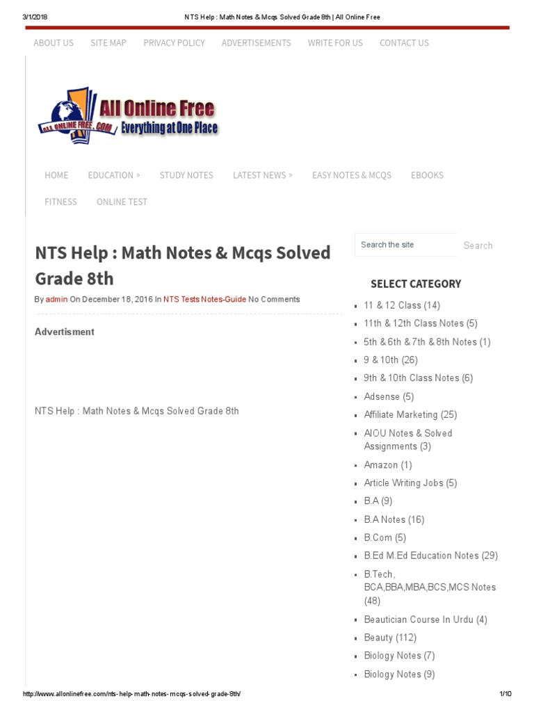 NTS - Math Notes & Mcqs Solved Grade 8th | PDF | World Wide Web ...